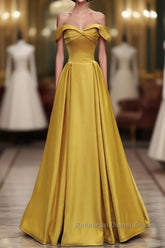 Yellow A-Line Simple Satin Off Shoulder Semi Formal Prom Dress, Yellow Satin Formal Dress